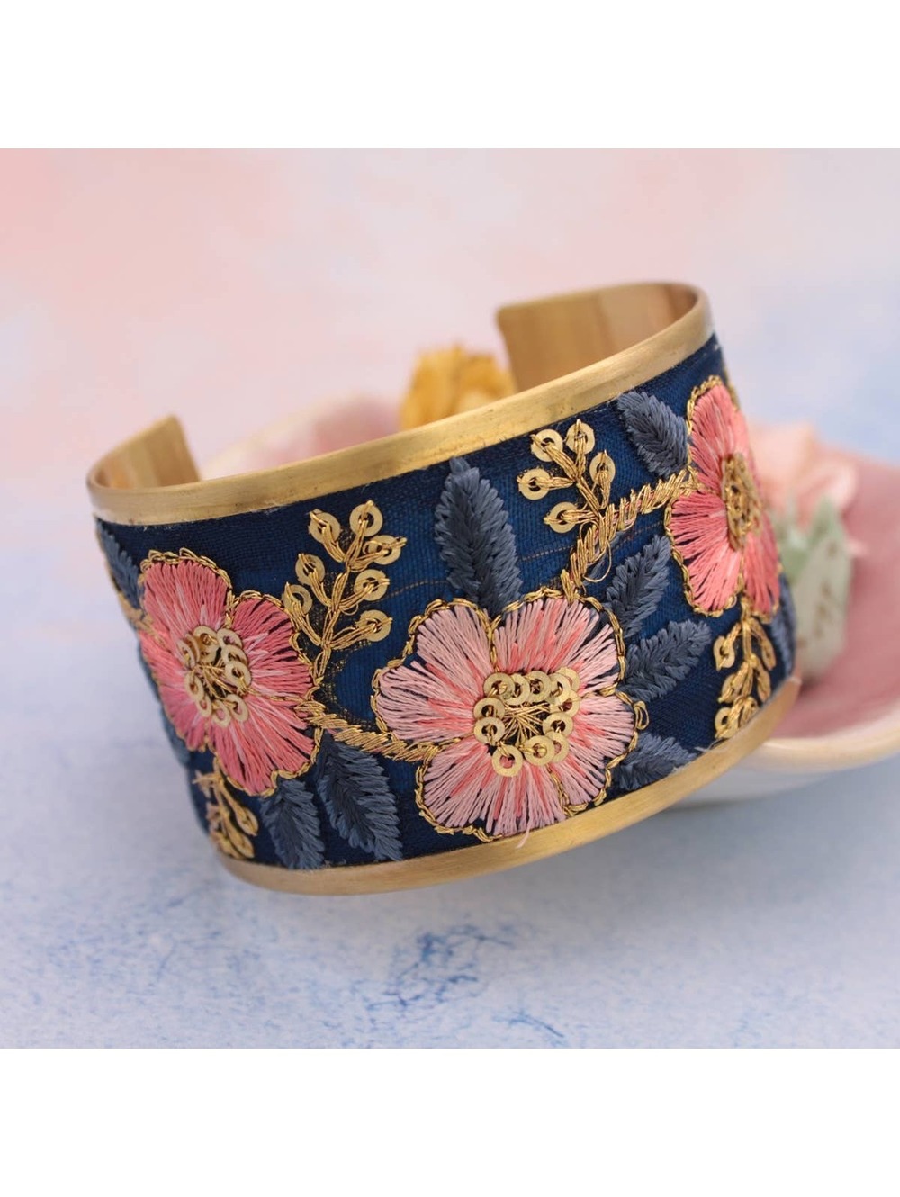 ZAD - Vintage Pink Blue Embroidered Cuff Bracelet